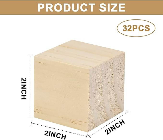32 Pcs 2-Inch Unfinished Wooden Cubes - Natural Solid Wood Blocks for DIY Crafts, Geometric Art Puzzles, Letter Stamps & Building Kits