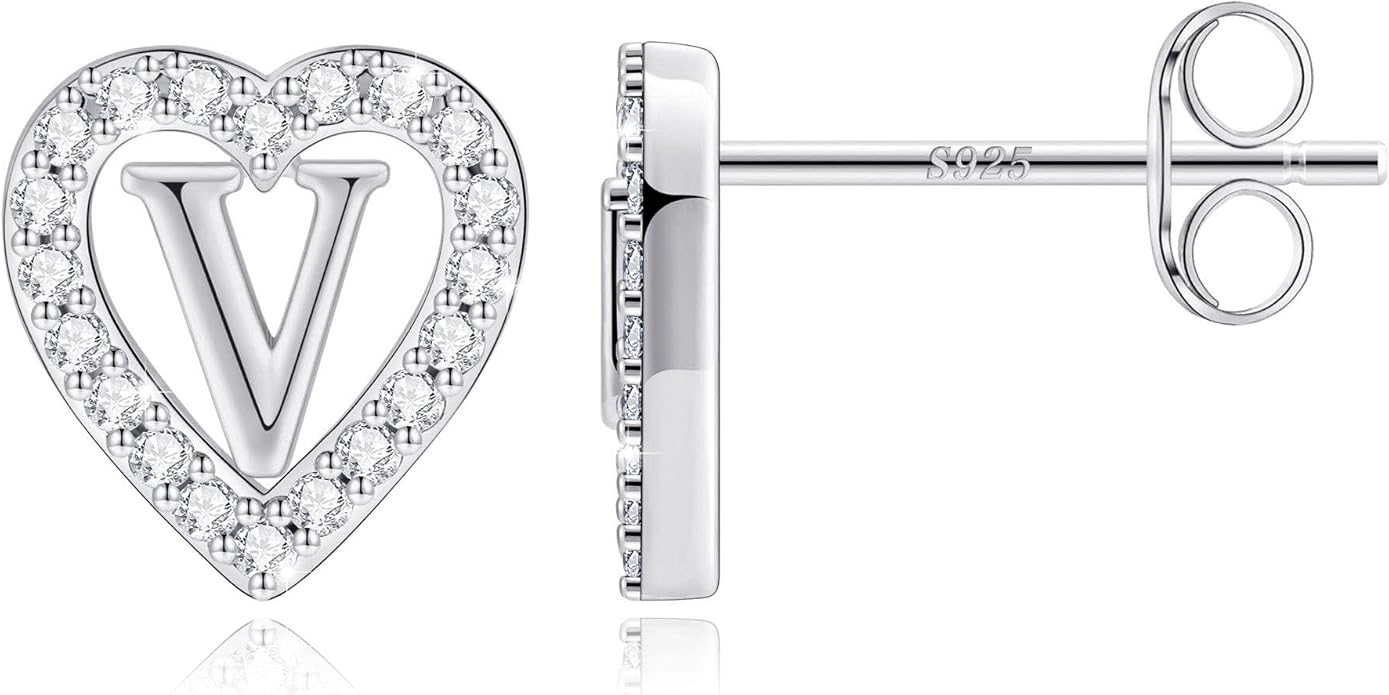 Anoup Christmas Gifts for Grandkids Girls Earrings - S925 Sterling Silver Post CZ Hypoallergenic Stud Heart Initial Earrings for Women Kids Jewelry Stocking Stuffers for Teen Girls Birthday Gifts