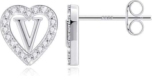 Anoup Christmas Gifts for Grandkids Girls Earrings - S925 Sterling Silver Post CZ Hypoallergenic Stud Heart Initial Earrings for Women Kids Jewelry Stocking Stuffers for Teen Girls Birthday Gifts
