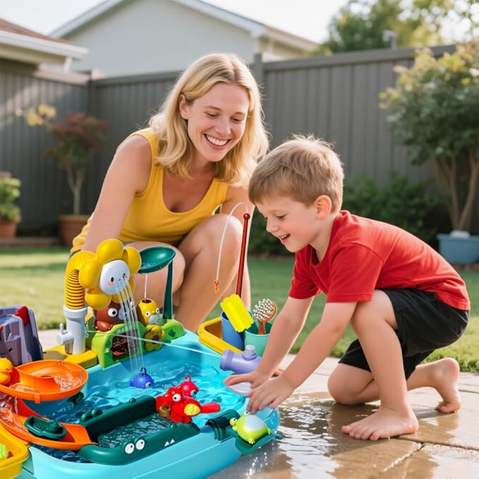 Sensory Water Table for Toddlers 1-3, Play Sink with Running Water Toys for Kids Ages 4-8, Kitchen Sink with Play Food Vegetables, Dishes, Fishing Game, Outdoor Sand Summer Toys for Boys Girls
