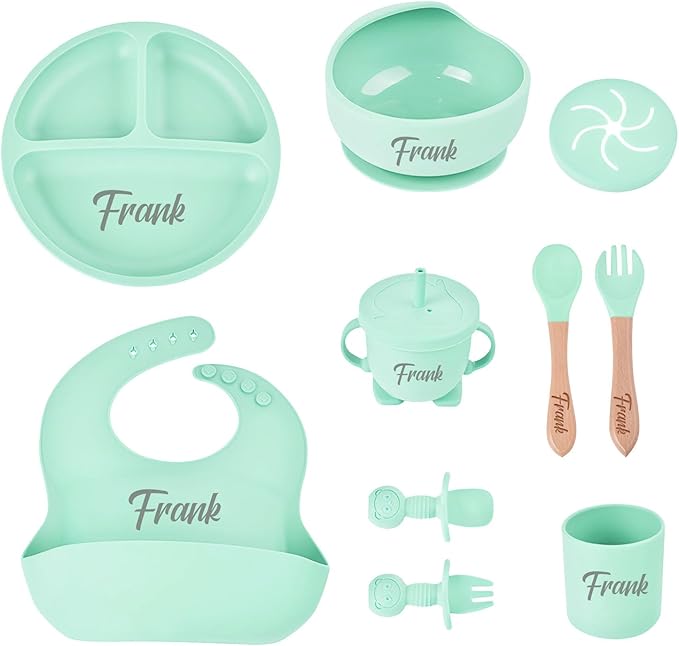 Personalized Silicone Baby Feeding Set with Name, Customized Baby Led Weaning Supplies Self Feeding Eating Utensils with Spoon, Fork, Silicone Suction Bowls, Cup, Plate Mint Green