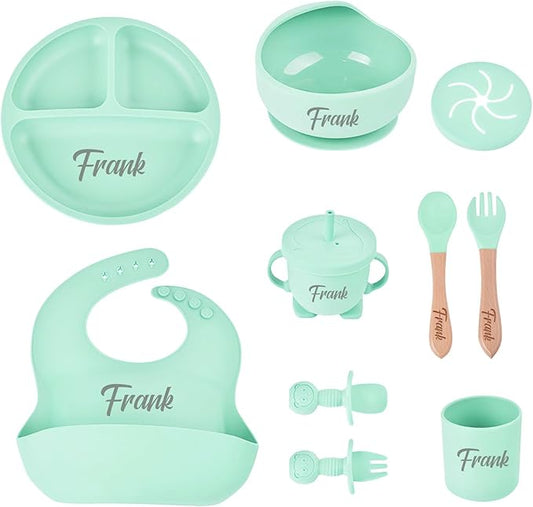 Personalized Silicone Baby Feeding Set with Name, Customized Baby Led Weaning Supplies Self Feeding Eating Utensils with Spoon, Fork, Silicone Suction Bowls, Cup, Plate Mint Green
