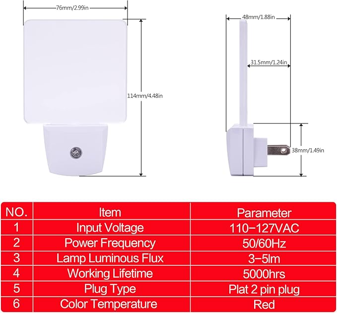 KINUR Red Night Light,2 Pack LED Night Lights Plug into Wall with Dusk to Dawn sensors, Plug in Night Lights for Kids Room, Bedroom, Bathroom, Baby Nursery,Stair Lights, Hallway Light, Daylight