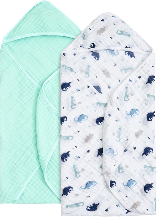 david's kids 2 Pack Hooded Baby Towels, 100% Muslin Cotton 6-Layer Ultra Soft Breathable Absorbent Baby Bath Towels for Infant and Toddler, Newborn Essentials, Large 32x32Inch, Dinosaur