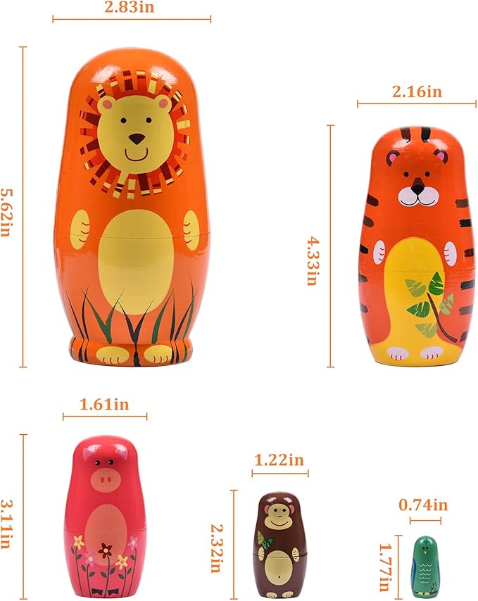 Russian Nesting Dolls, 5 Pcs 6 "Tall Animal Nesting Easter Eggs Toys, Stacking Wooden Handmade Matryoshka Dolls for Kids Toddlers Birthday or Home Decoration Gift (Round Lion)