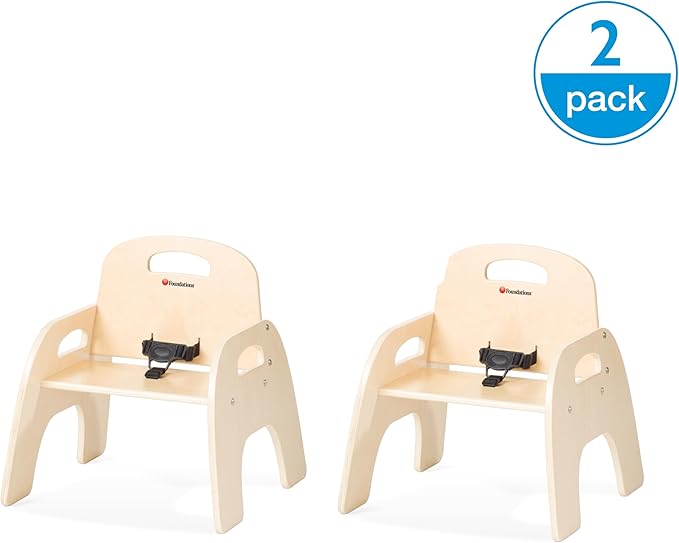 Foundations Simple Sitter Low Wood Feeding Chairs Multipack, Wide No-Tip Base, Adjustable Safety Harness, Stackable Wood Toddler Chairs with Food Service Grade Finish, 2 Pack (11 inch)