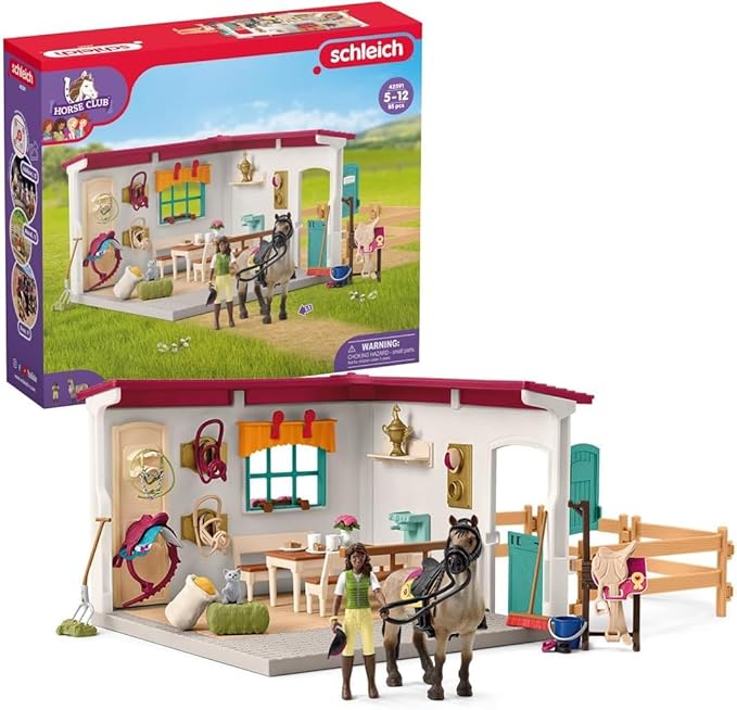 Schleich Horse Club - 85 PC Tack Room Stable Extension Toy Playset with Rider Sarah Action Figure, Horse Figurine and Accessories for Girls and Boys - Interactive, Realistic Kids Toys Ages 5+ | 42591