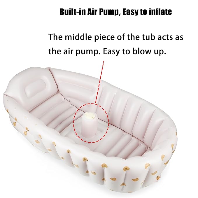PandaEar Inflatable Bathtub for Toddlers, Collapsible Portable Bathtub for Kids Travel Baby Bathtub with Air Pump, Non-Slip Shower Basin（Bears White）