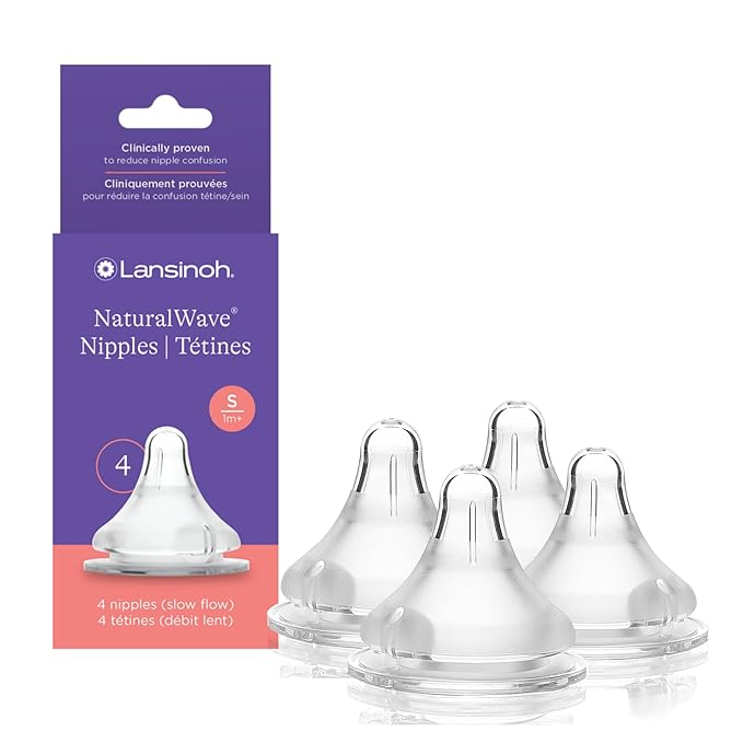 Lansinoh NaturalWave Baby Bottle Nipples, Slow Flow, Size S,1+ Month, 4 Count – 100% Soft, Durable Silicone, Made Without BPA BPS, Anti-Colic, Supports Baby’s Developing Mouth and Teeth