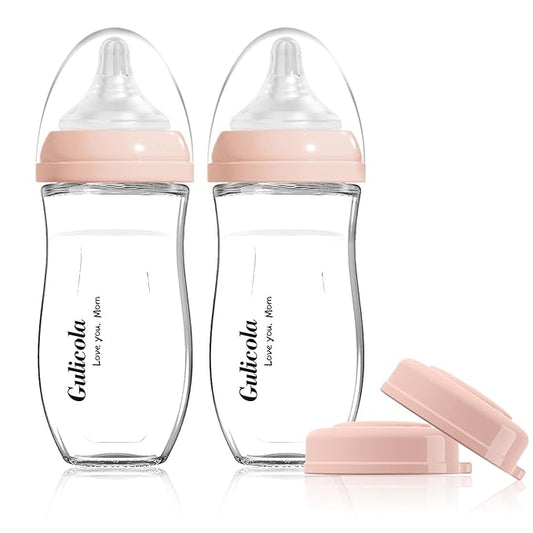 Gulicola Natural Glass Baby Bottle for Breastfed Babies, Anti-Colic Baby Bottle Set with Medium Flow Nipple, 3 Months +, 8 oz, 2 Pack - Pink