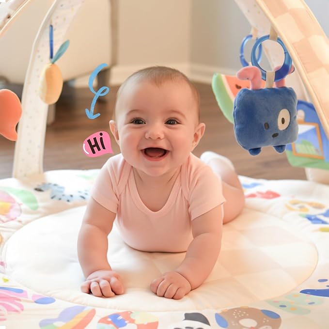 Baby Play Gym & Activity Mat with Light-up Musical Arch, Tummy Time Mat with 6 Detachable Sensory Toys for Motor Skills & Sensory Development, Baby Essentials Shower Gift - ABC123