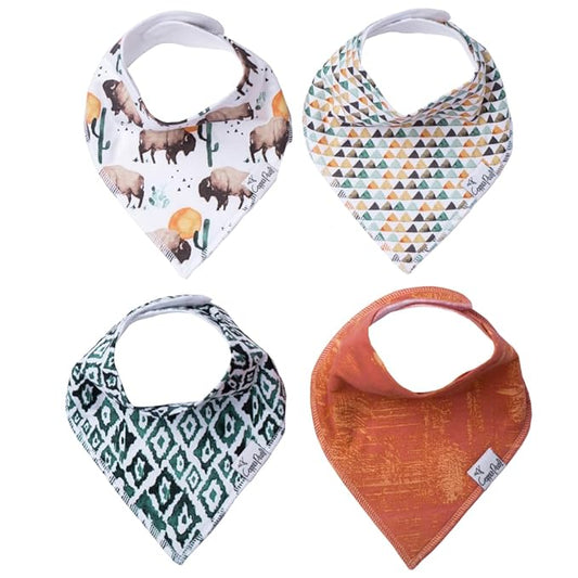 Copper Pearl 4 Pack Soft Cotton Baby Bibs for Drooling and Teething, Absorbent Drool Bibs for Baby Girl and Boy, Adjustable to Fit Newborns to Toddlers, Tons of Styles (Bison)