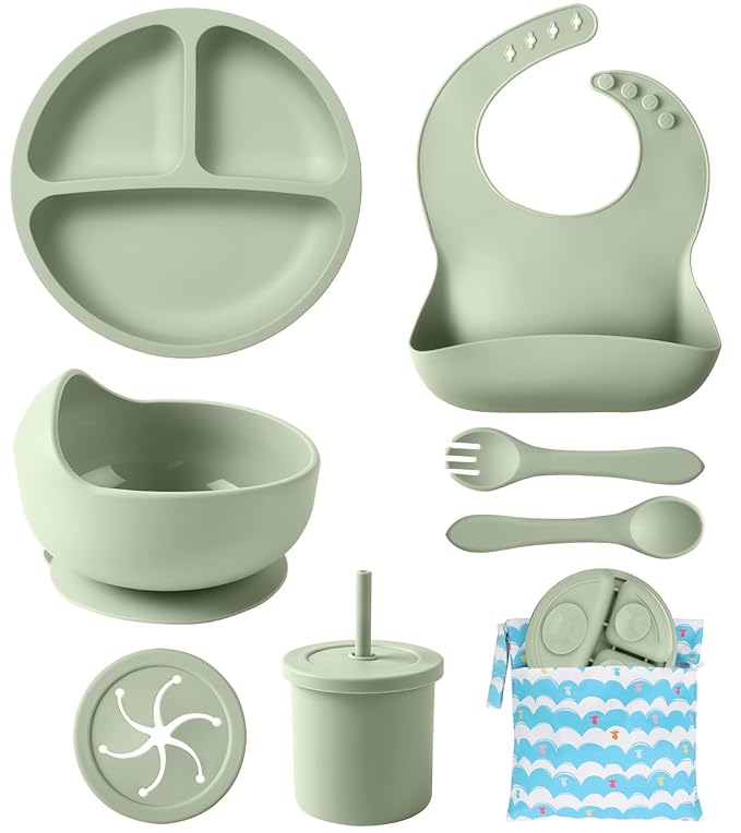 Silicone Baby Feeding Set, 10 Pcs Baby Led Weaning Supplies Baby Eating Essentials Set with Suction Bowl Divided Plate Adjustable Bib Soft Spoon Fork Cup with Lid Drinking Cup, Travel Bag (Green)