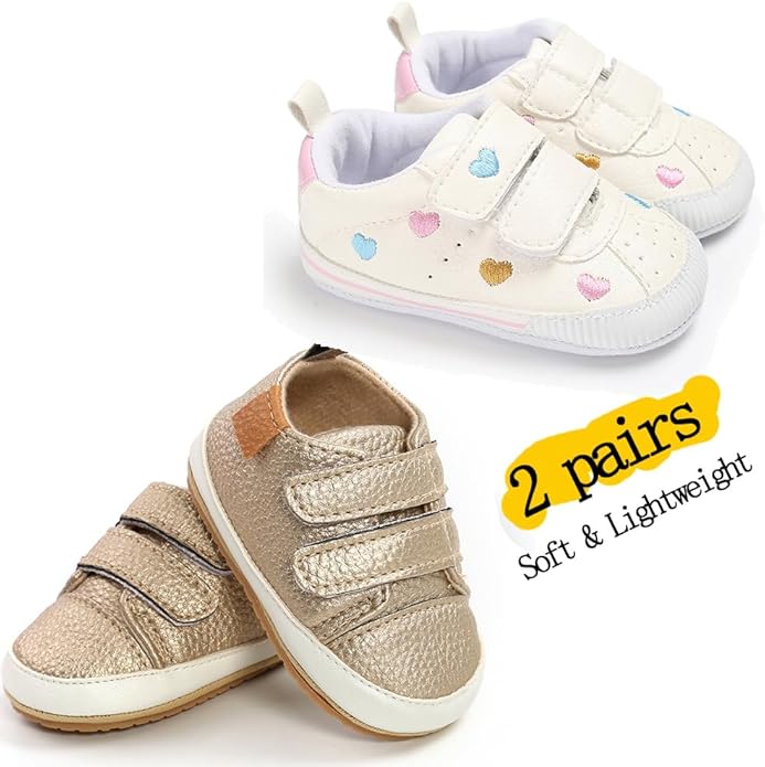 2Pairs Baby Shoes,Boys Girls Non-Slip Rubber Sole Sneakers,Unisex Infant Soft Lightweight First Walking Crib Shoes