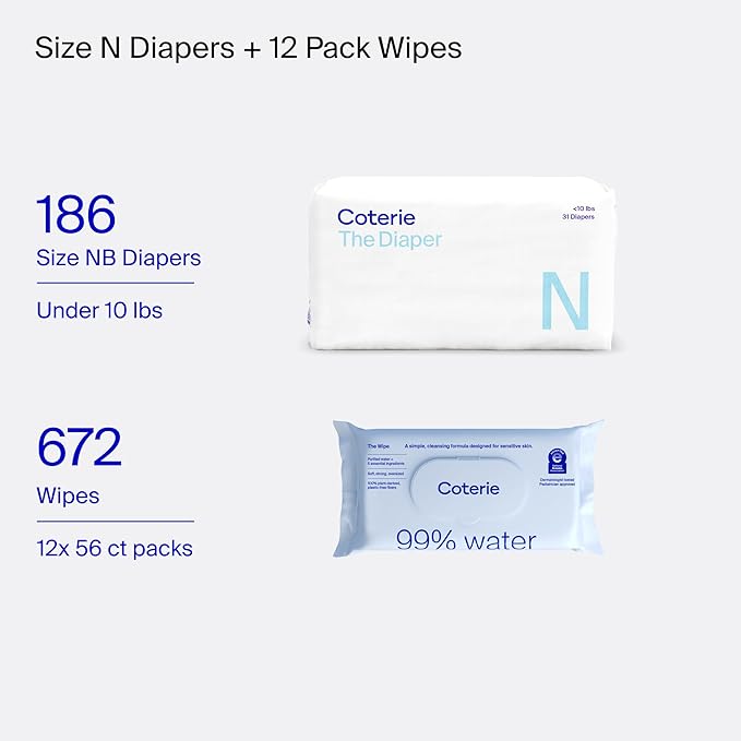 Coterie Baby Wipes + Diapers Kit, Size Newborn Diapers (186 Count) & 12 Pack (672 Count) Baby Wipes with 99% Water, Plant Based Materials, Hypoallergenic for Sensitive Skin