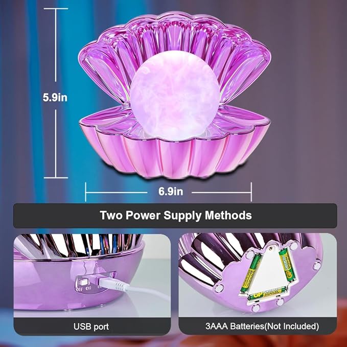 Shell Pearl Beach Themed Night Light, RGB 8 Colors Changing Mood Shell Pearl Lamps, Bedside LED Clamshell Portable Night Lights for Bar (Electroplating Purple)