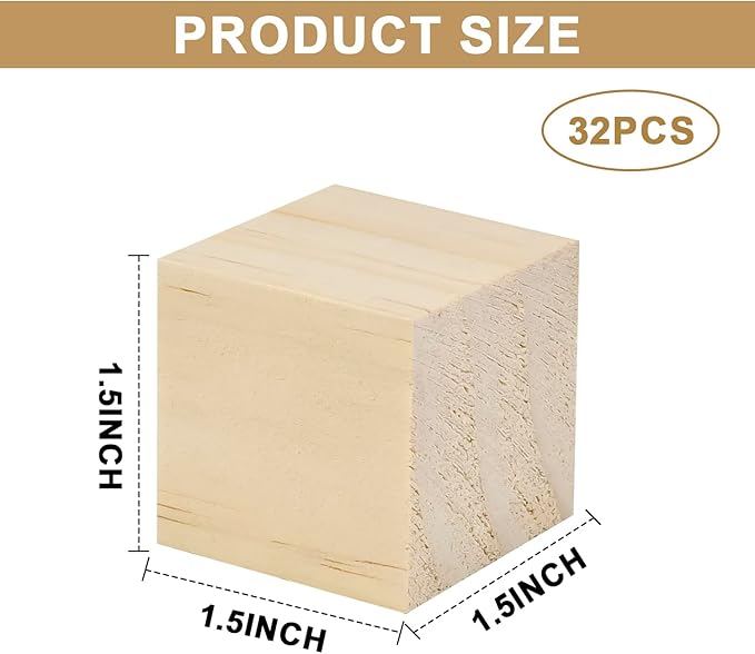 32 Pack Unfinished Wooden Cubes 1.5 Inch Natural Wood Blocks - Smooth Edges DIY Craft Kit for Geometric Art, Puzzle Building & Baby Shower Decorations