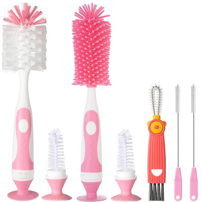 5-in-1 Baby Bottle Brush Set, Including Nylon and Silicone Bottle Brush, Cap, Straw, Nipple Brushes, BPA-Free (Pink)