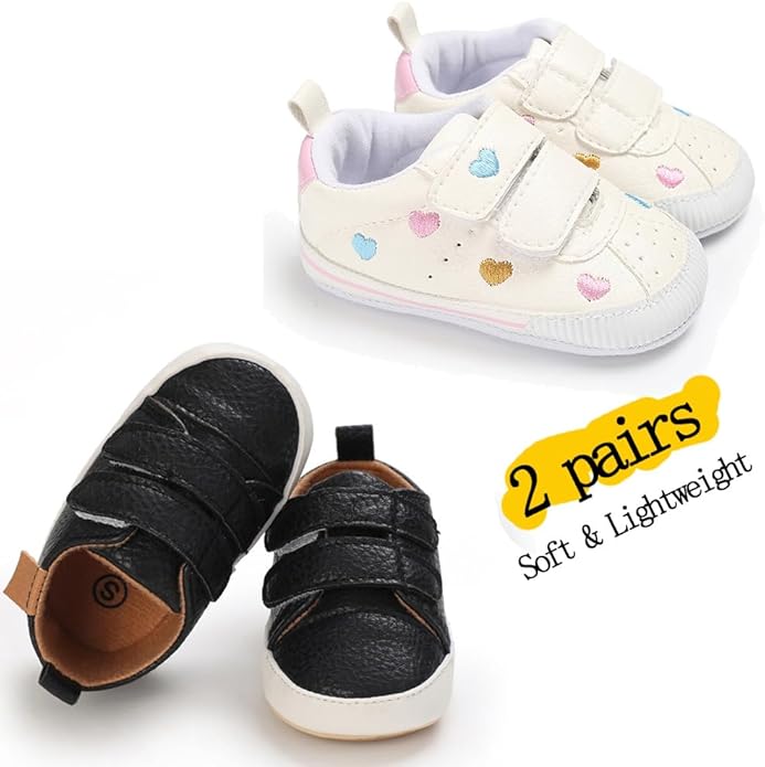 2Pairs Baby Shoes,Boys Girls Non-Slip Rubber Sole Sneakers,Unisex Infant Soft Lightweight First Walking Crib Shoes