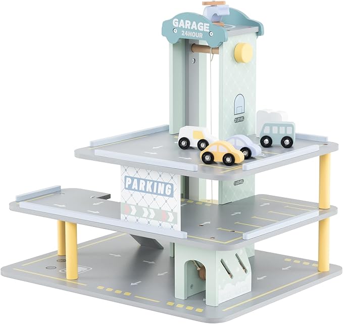 Costzon Toy Car Garage, Multi-Level Wooden Toy Garage with 4 Cars, Helicopter, Gas & Charging Station, Ramp & Working Elevator, Parking Garage for Toy Cars, Pretend Play Gift for Kids Toddlers 3+