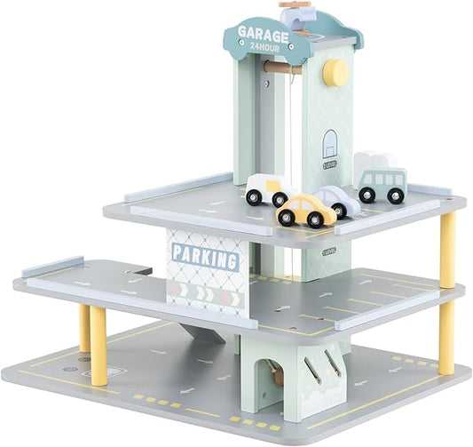 Costzon Toy Car Garage, Multi-Level Wooden Toy Garage with 4 Cars, Helicopter, Gas & Charging Station, Ramp & Working Elevator, Parking Garage for Toy Cars, Pretend Play Gift for Kids Toddlers 3+