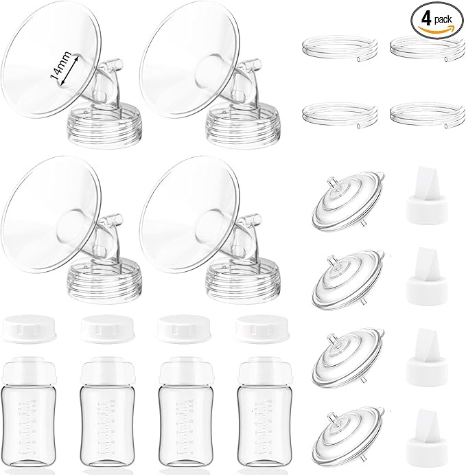4packs 14mm Full Breast Replacement Pump Parts for Spectra S1 S2 9 Plus Synergy Gold Include 13mm Flange,Valve,Backflow Protector,Tube,Bottle,Caps, Fit for Motif Luna Cimilre Ameda MYA Pump