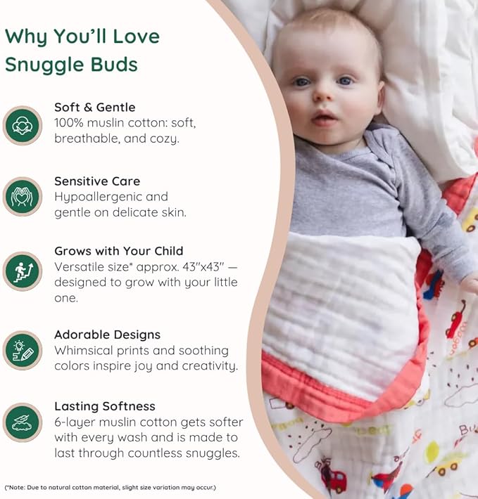 100% Cotton Muslin Baby Blanket | Soft & Breathable 6-Layer Swaddle & Receiving Blanket | Lightweight Quilt for Newborns, Infants & Toddlers | Gender-Neutral (Vroom Vroom)