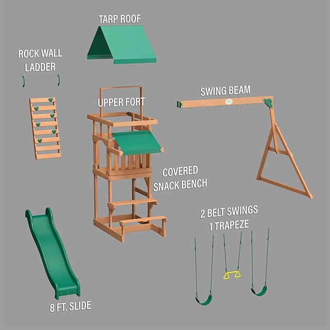 Backyard Discovery Belmont Cedar Wood Swing Set with Wave Slide, Play Deck, Rock Wall Ladder, Snack Bar Window, Shaded Picnic Area, Bench, Belt Swings, Trapeze, Sandbox Area, Canopy, Outdoor Playset