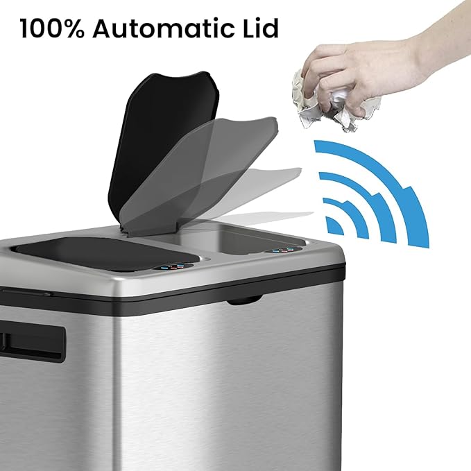 iTouchless 16 Gallon Touchless Sensor Kitchen Trash Can and Recycle Bin with Wheels, 60 Liter Stainless Steel Dual-Compartment (2 x 8 Gallon) Combo Recycling and Garbage Trashcan