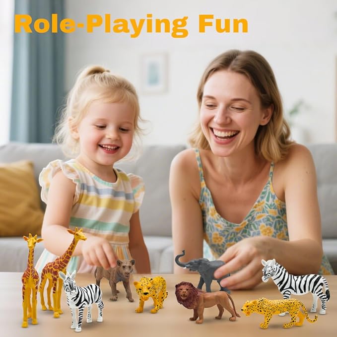 Safari Animals Figures, Plastic Zoo Animals Toys for Toddlers 1-3, Realistic Jungle Animal Figurines for Kids 3-5, 12 pcs Wild Animal with Elephant Giraffe Lion, African Toys Gift for Boys Girls