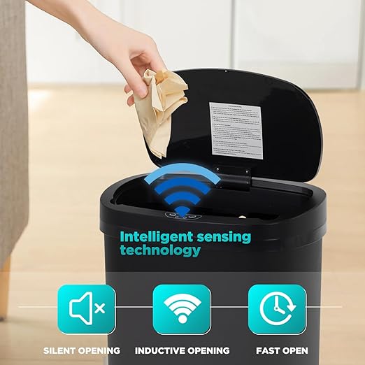 BestOffice | 13 Gallon Trash Can with Lid | Automatic Touchless Garbage Can | Odor Control | Modern Oval Design | Easy to Clean | Plastic | Black | Fits Any Kitchen, Bathroom, Office or Home