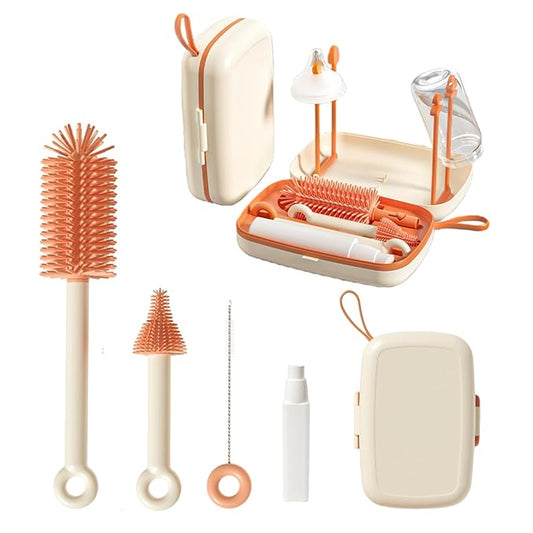 7 in 1 Baby Bottle Brush Set with Silicone Brush, Nipple Brush, Straw Brush, Soap Dispenser, Bottle Drying Rack, Storage Box - Baby Essentials for Home and Travel, Idea Gifts