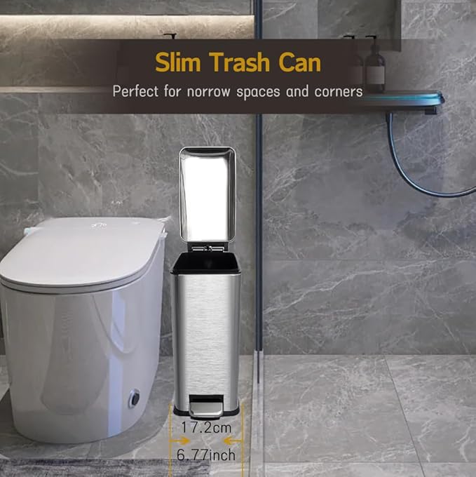 Bathroom Trash Can, 2.6 Gallon Trash Can with lid, Stainless Steel Garbage Can with Removable Liner Bucket, Pedal Rectangle Trash Bin for Bathroom, Office, Kitchen, Bedroom, 10 Liter