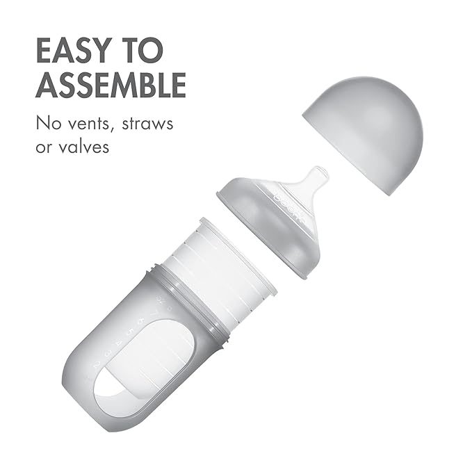 Boon Nursh Reusable Silicone Pouch Baby Bottles - Medium Flow Nipple - Silicone Baby Bottle Pouch and Nipple - Baby Feeding Essentials - Gray - 3-6 Months - 3 Count - 8 Ounce