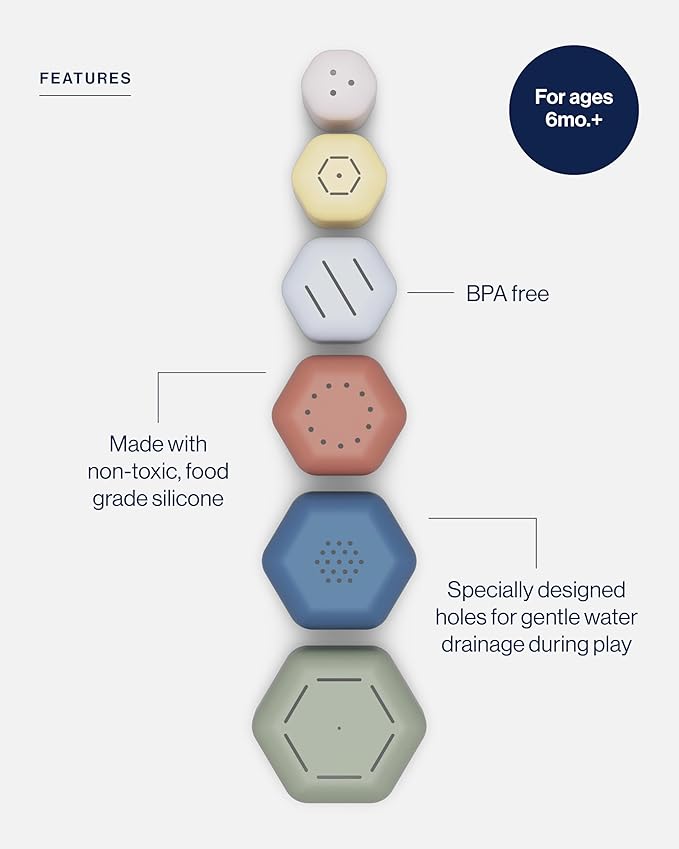 Lalo Stacking Cups - Baby and Toddler Nesting Cups for Bath Time, 6 with Openings - Non-Toxic, BPA-Free Silicone Bath Toy, Easy to Clean for 6 Months and Up - Sage