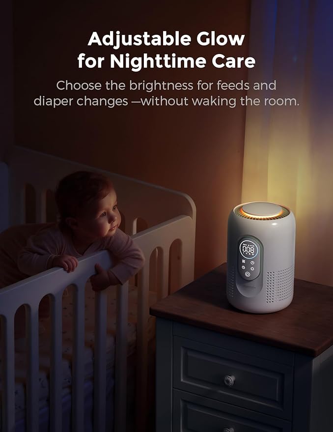 Momcozy Nursery Air Purifier, 4-Filter System with H13 HEPA & Carbon, Real-Time PM2.5 Air Quality Monitor & Display with 3-Color Status, Baby Air Purifier with 21 dB Sleep Mode, Dimmable Night Light