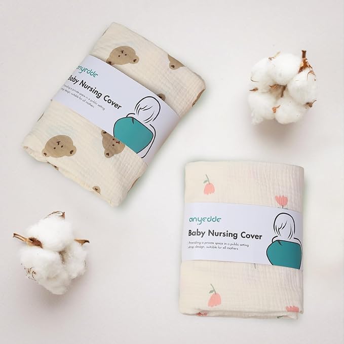 2-Pack Muslin Nursing Cover for Baby Breastfeeding - Breathable Breastfeeding Covers for Nursing with Arch Neckline, Bear & Flower Privacy Covers