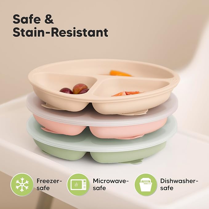KeaBabies Suction Plates with Lids for Baby - 3-Pack 100% Silicone Toddler Plates with Suction, Divided, BPA-Free Baby Led Weaning Essentials for Kids, Dishwasher, Microwave Safe, Durable (Macaron)