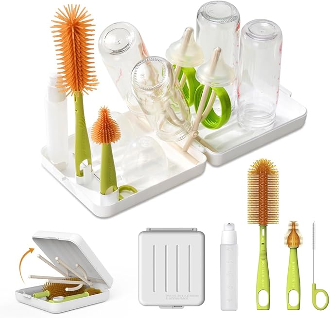 Travel Bottle Brush with Portable Bottle Drying Rack, Baby Bottle Brush for Baby Travel Essential, White