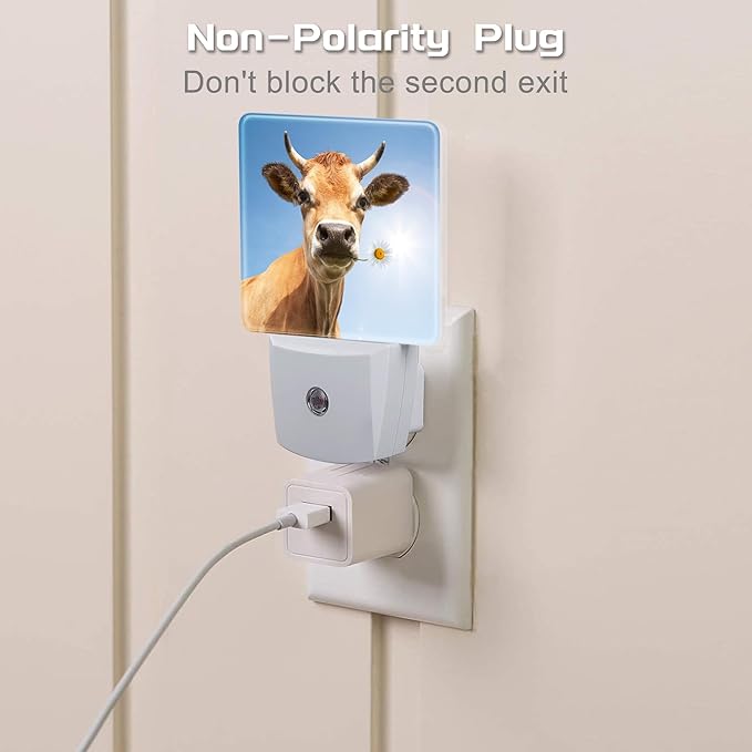 Cow Bite A Flower Night Light Plug into Wall, Cute Animal Floral Dusk to Dawn Night Light, 0.5w Energy Saving Sleep Friendly Nightlights for Kids Boys Girls Home Decor