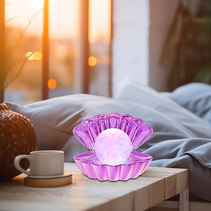 Shell Pearl Beach Themed Night Light, RGB 8 Colors Changing Mood Shell Pearl Lamps, Bedside LED Clamshell Portable Night Lights for Bar (Electroplating Purple)