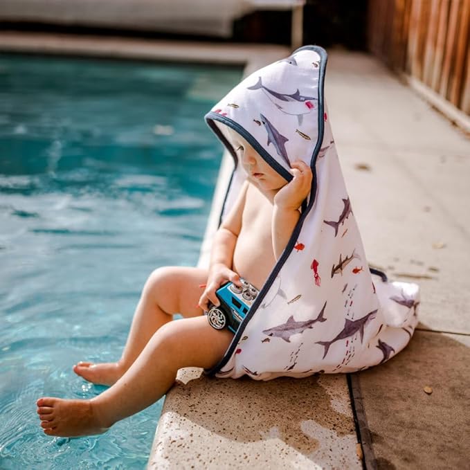 Little Unicorn Premium Hooded Bath Towel| Absorbent Cotton & Terry Blend | Larger Size, 1-6 Years (Shark)