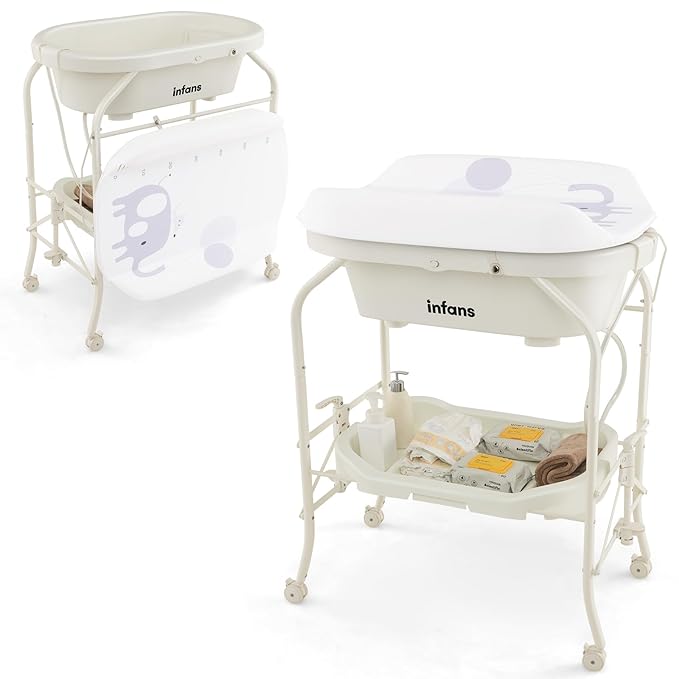 INFANS 2 in 1 Baby Changing Table with Bath Tub Unit, Folding Diaper Dresser Station with Wheels Waterproof Pad Storage Rack, Portable Nursery Organizer Stand for Newborn Infant (White)