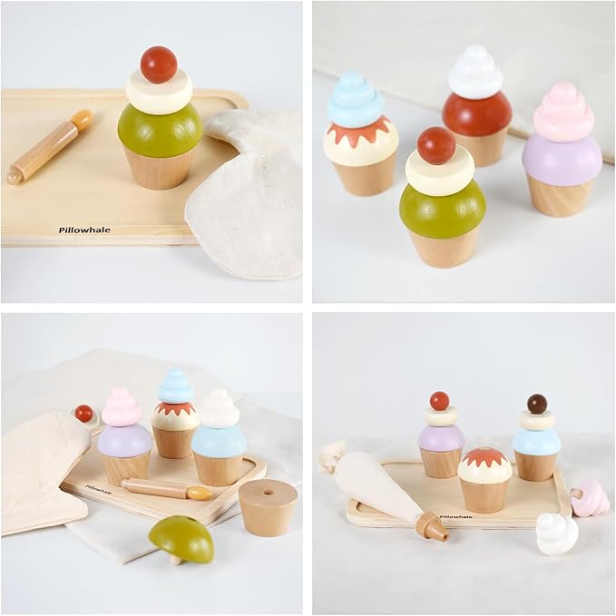 Wooden Cupcake Play Food Set – 21 PCS Pretend Cupcakes with Interchangeable Toppings, Candle, Tray, Piping Bag & Mitt, Birthday Cake Toy for Kids Kitchen & Tea Party Play, Ages 3+