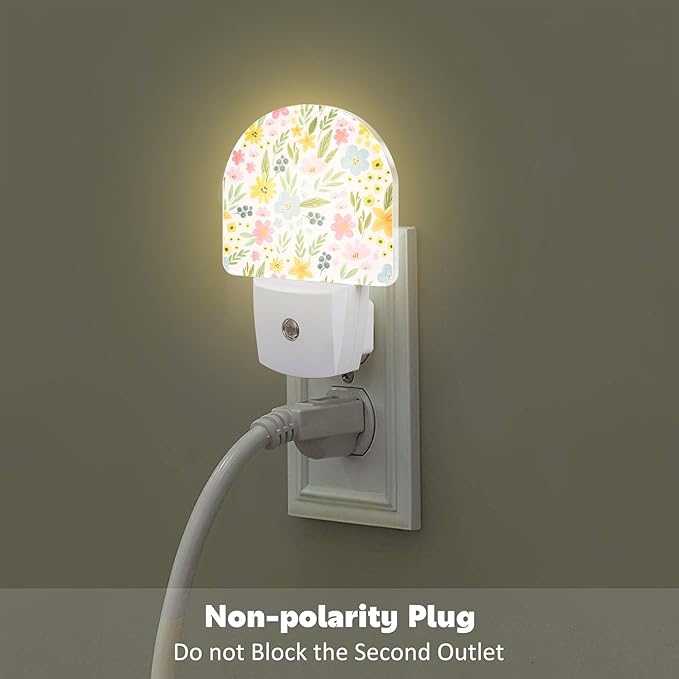 Watercolor Spring Flowers Night Light for Kids,Pink Botanical Leaves Floral Night Light Plug in with Dusk to Dawn Sensor,0.5w Energy Saving Nightlight for Hallway Stairway Kitchen Bedroom