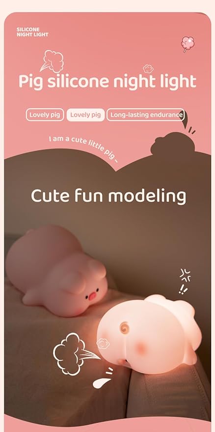 ATSUI Pig Night Light for Kids, Food Grade Silicone, Rechargeable, Tap Fun Kawaii Lamp for Kids Room, Adjustable Brightness, Cute Stuff for Boys Girls, Cute Gifts for Baby Children