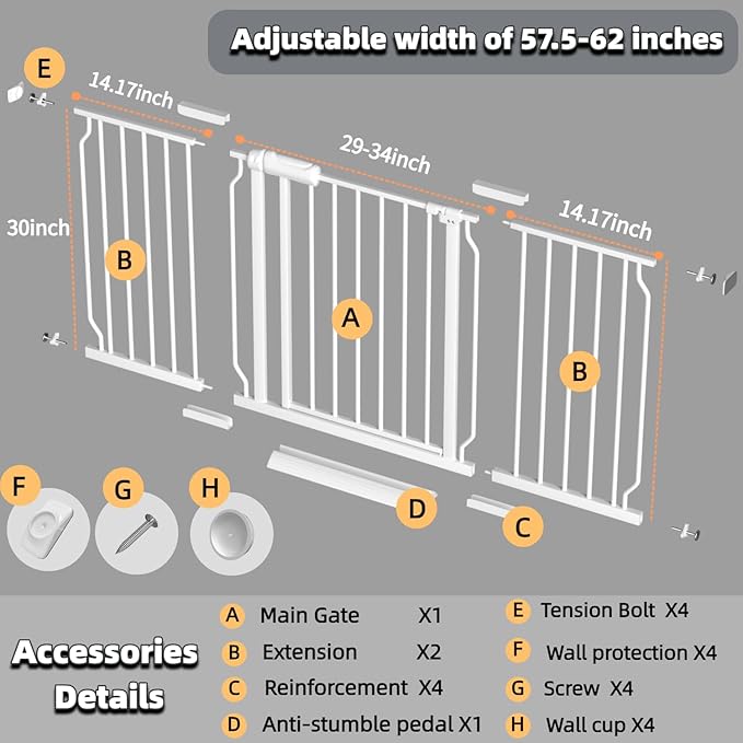 57.5"-62" Extra Wide Auto Closing Baby Safety Gate for Stairs & Doorways, Pressure Mounted No Drill Pet Gate with Walk-Through Door - Heavy Duty Childproof Gate for Toddlers, Kids, Dogs (White)
