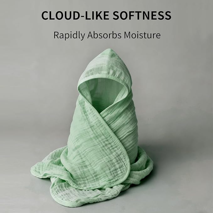 Organic Muslin Hooded Baby Bath Towels - 2 Pack 100% Organic Cotton Towel for Babies, Infants, Toddlers - 32x32Inch - Highly Absorbent and Newborn Essential(Grey Green)