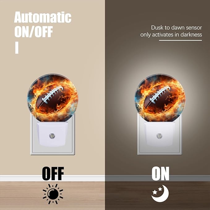 Round LED Night Lights Lamp with Dusk to Dawn Sensor, American Football Ball on Fire Night Light Plug Into Wall for Kids Room, Bedroom, Bathroom, Kitchen, Hallway