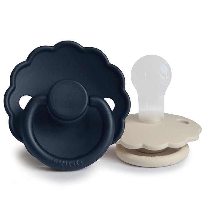 FRIGG Daisy SilkySoft Silicone Baby Pacifier | Made in Denmark | BPA-Free (Dark Navy/Sandstone, 0-6 Months)